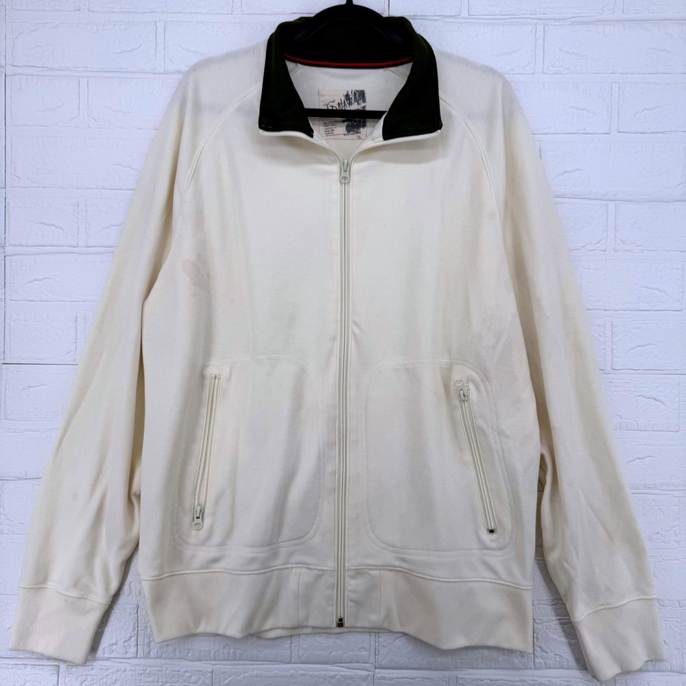 Old Navy Track Jacket Womens XL Cream Full Zip Mock Neck Olive Green Stained